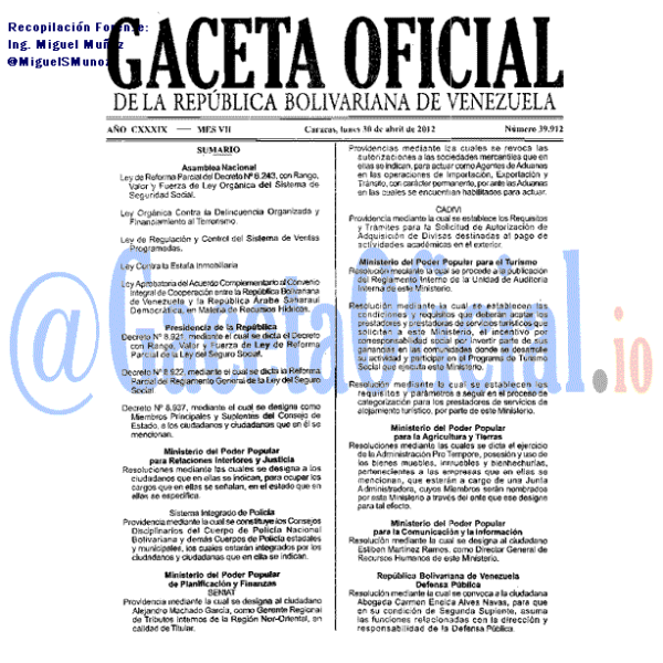 2012: Gaceta 39912: Decreto 8221: Ley del Seguro Social